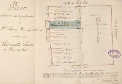 "Plano del terreno de la propiedad de Dn. Sebastian Ganduglia di Lorenzo, medido por Saturnino L. Salas en Febrero de 1866".